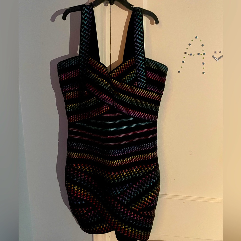Bandage dress size large rainbow on black